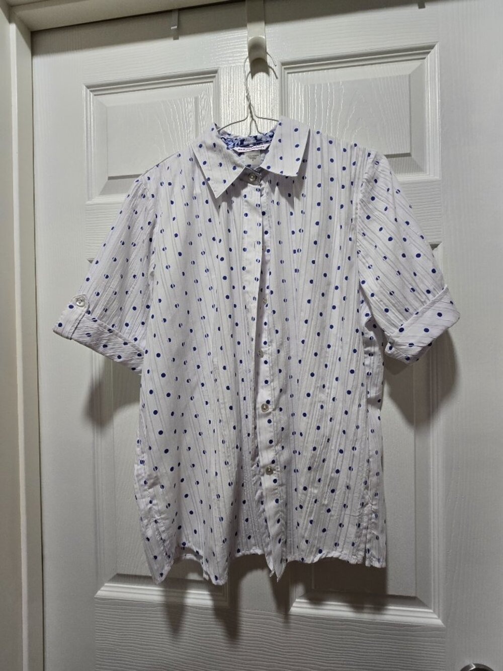 Allison Daley Womens Top Button Up Blouse SS Size 8 Blue Polka Dots